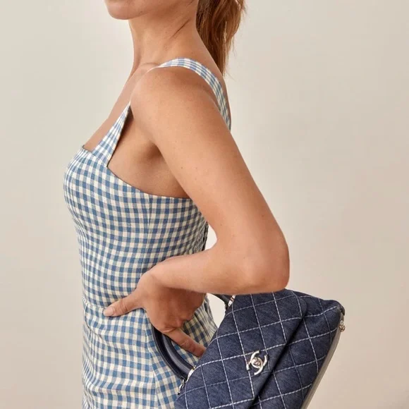 💎 Reformation Brigitte Linen Dress - Azure Check - Picture 3 of 9